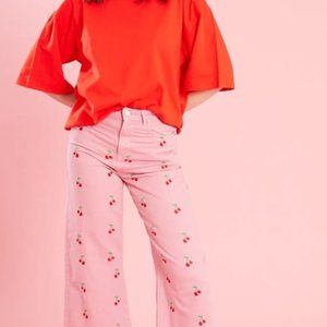Neon Rose wide leg jeans in washed pink cherry embroidery